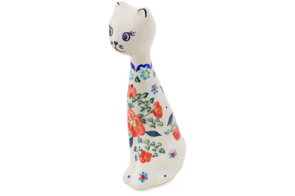 Polish Pottery Cat Figurine 8 inch Peach Tudor Rose Pattern