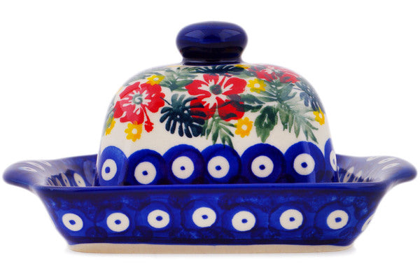 Polish Pottery 6" Butter Dish Tropical Peacock UNIKAT