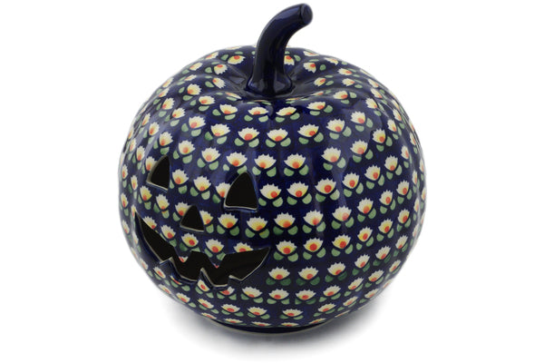 Polish Pottery 9" Jack O Lantern Candle Holder Waterlily - Thumbnail 2