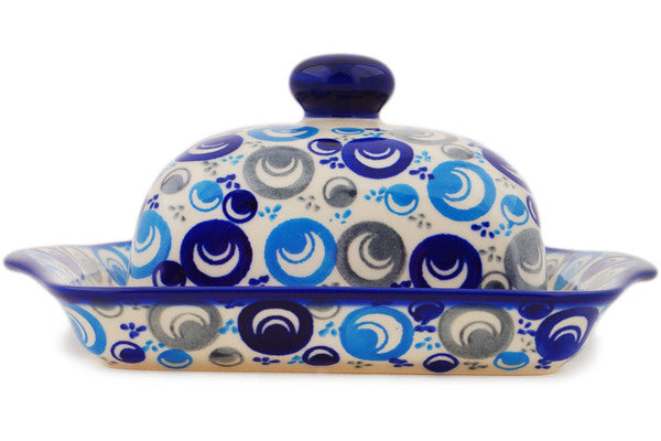 Polish Pottery 8" Butter Dish Blue Peacock Eye
