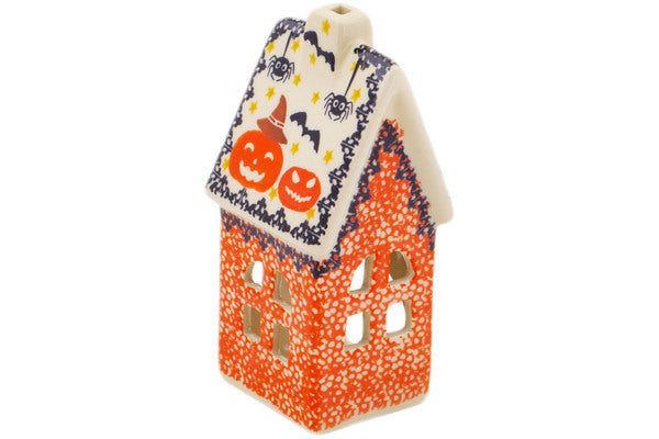 Polish Pottery 6" House Shaped Candle Holder Halloween Spooky Pumpkin