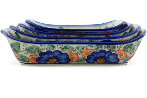 Polish Pottery 11" Set of 4 Rectangular Bakers Flowers In Bloom UNIKAT