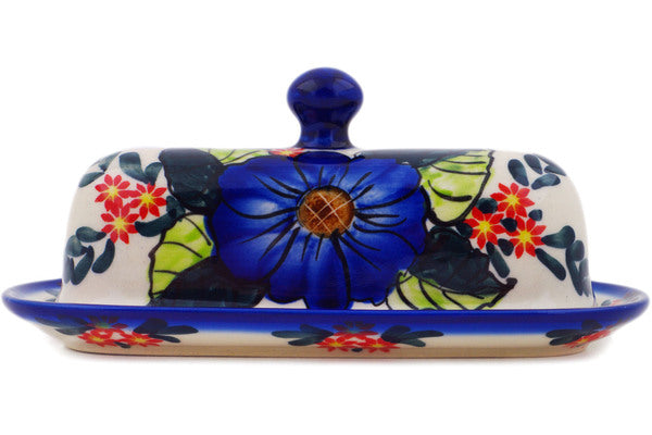 Polish Pottery 7" Butter Dish Blue Bouquet UNIKAT - Thumbnail 3