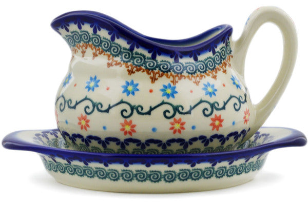 Polish Pottery Gravy Boat with Saucer Sunflower Dance - Thumbnail 2