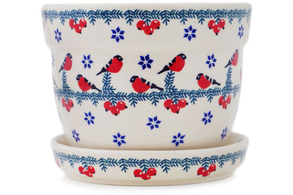 Polish Pottery 6" Planter Winter Bullfinch