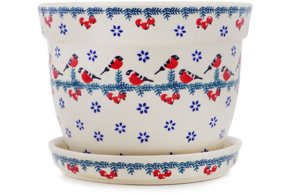 Polish Pottery 6" Planter Winter Bullfinch - Thumbnail 4