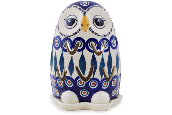 Polish Pottery 6" Candle Holder Peacock Leaves - Thumbnail 5