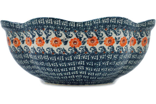 Polish Pottery 10" Scalloped Bowl Meadow Floret UNIKAT