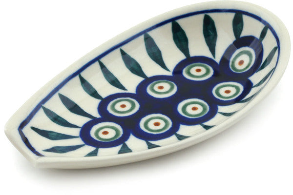 Polish Pottery 5" Spoon Rest Peacock Leaves