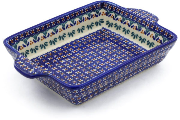Polish Pottery 9" Rectangular Baker with Handles Blue Cress UNIKAT