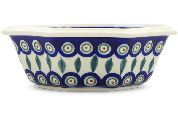 Polish Pottery 7" Octagonal Bowl Peacock Leaves - Thumbnail 3