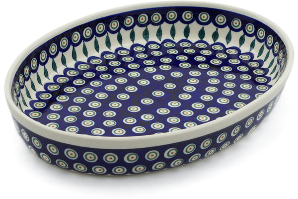 Polish Pottery 14" Oval Baker Peacock Leaves