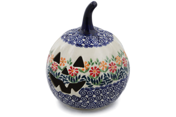 Polish Pottery 6" Jack O Lantern Candle Holder Wave Of Flowers - Thumbnail 3