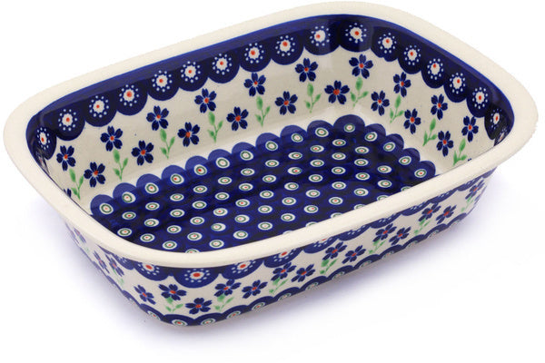Polish Pottery 10" Rectangular Baker Bright Peacock Daisy - Thumbnail 2